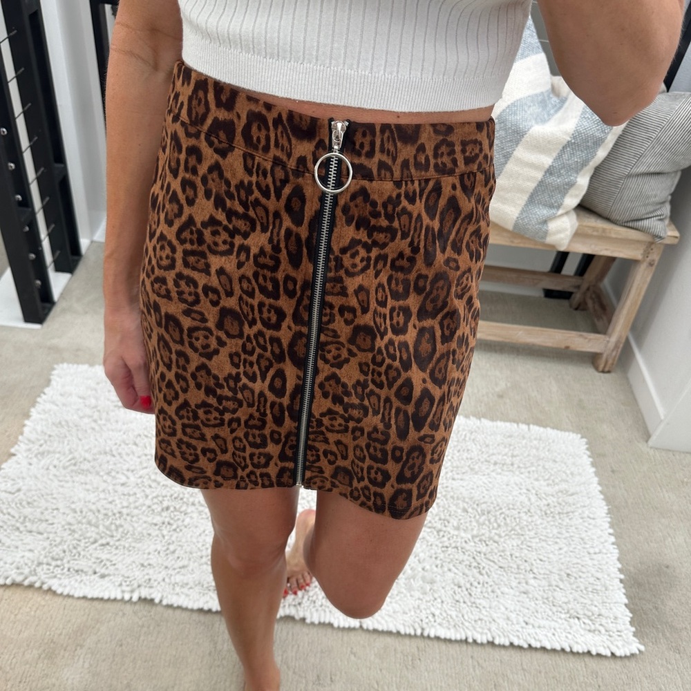 SHEIN Leopard Print Zip Front Mini Skirt Brown Animal Print Bodycon | Size M - Picture 3 of 8